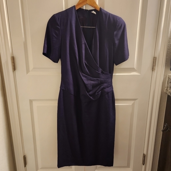 Navy purple faux wrap professional cocktail pinup pencil a-line dress midi  4 - Picture 1 of 13